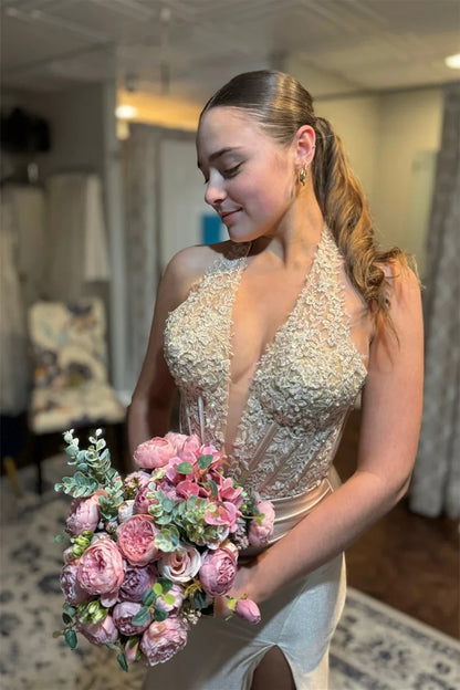 V-Neck Halter Lace Appliques Mermaid Party Prom Dress With Slit