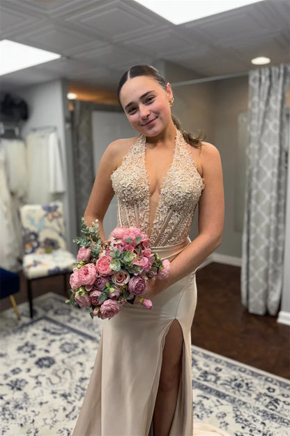 V-Neck Halter Lace Appliques Mermaid Party Prom Dress With Slit
