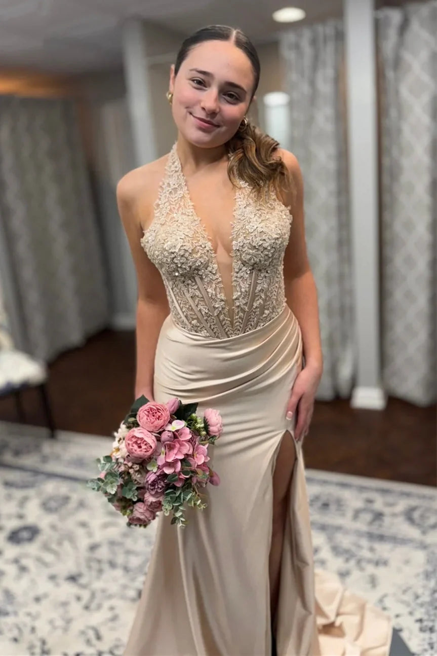 V-Neck Halter Lace Appliques Mermaid Party Prom Dress With Slit