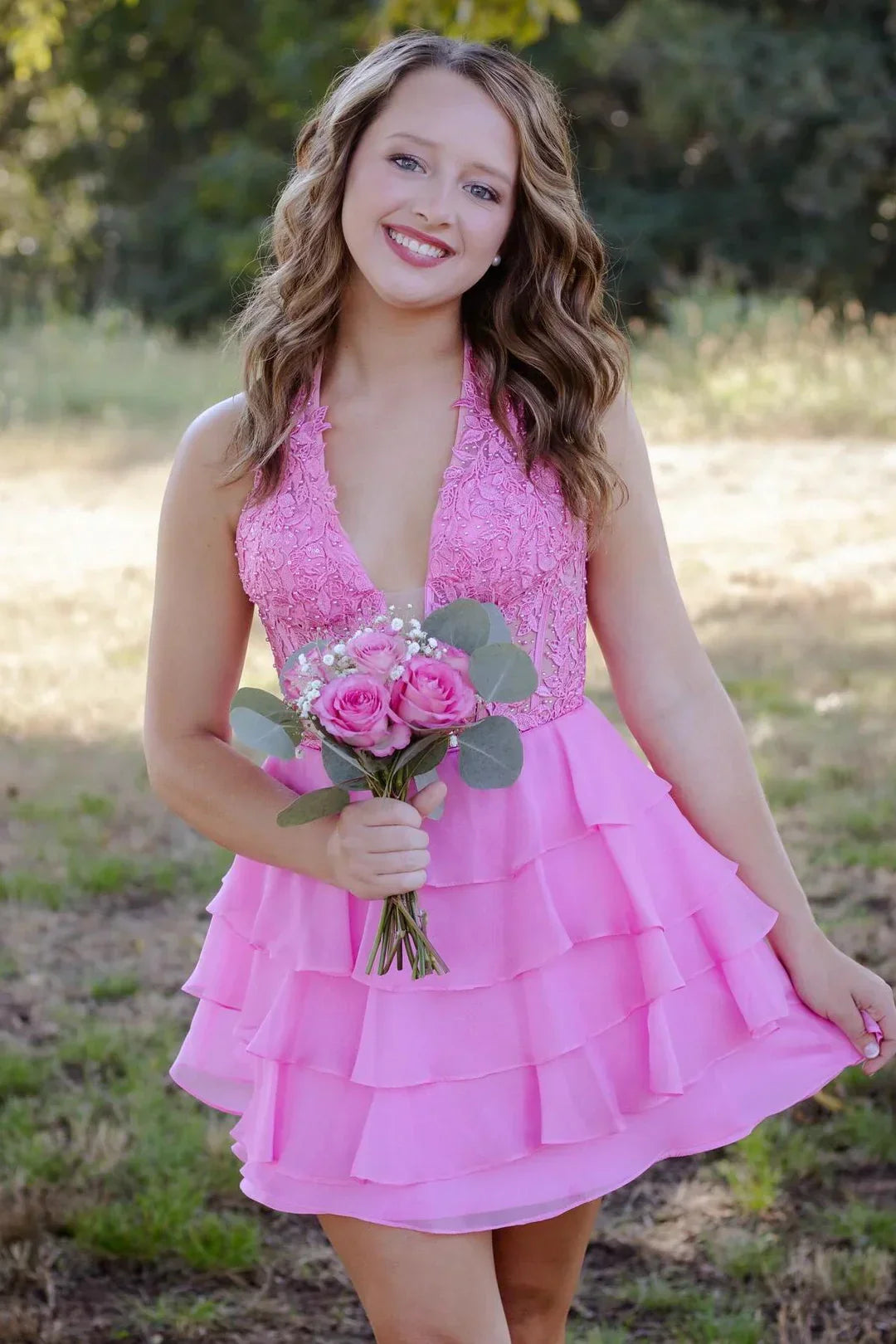 V-Neck Halter Sleeveless Two Tone Empire Homecoming Dress