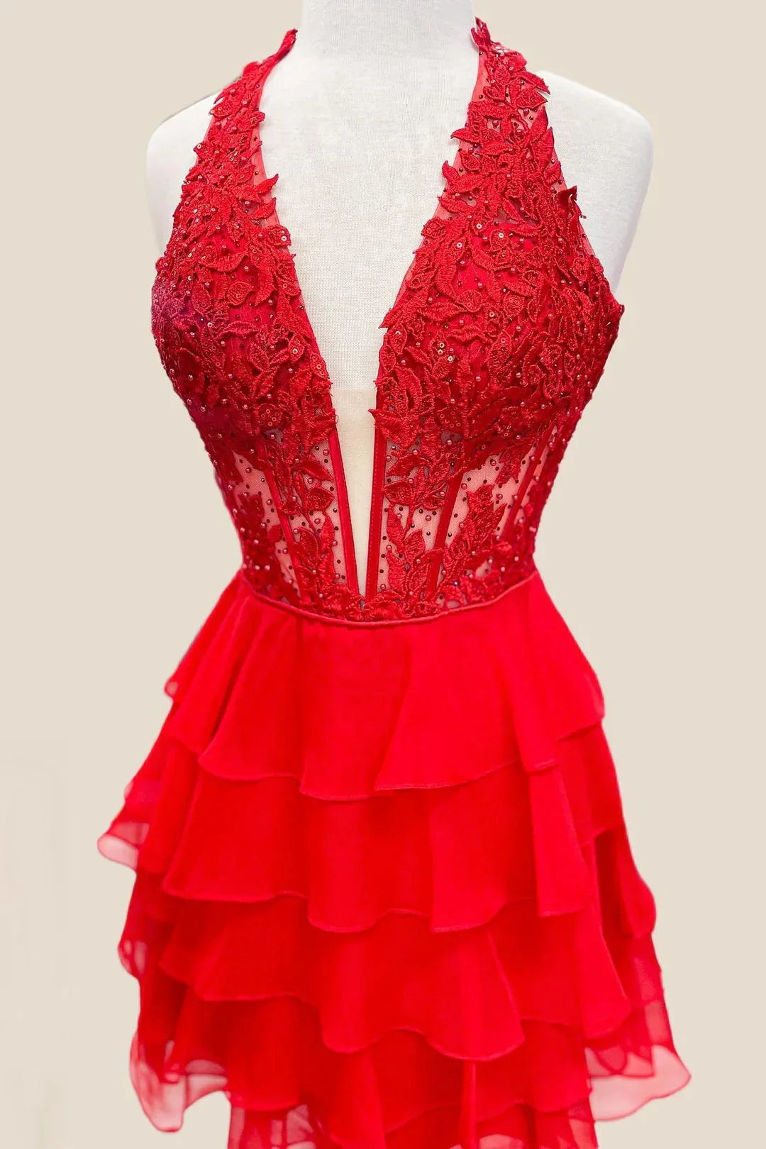 V-Neck Halter Sleeveless Two Tone Empire Homecoming Dress