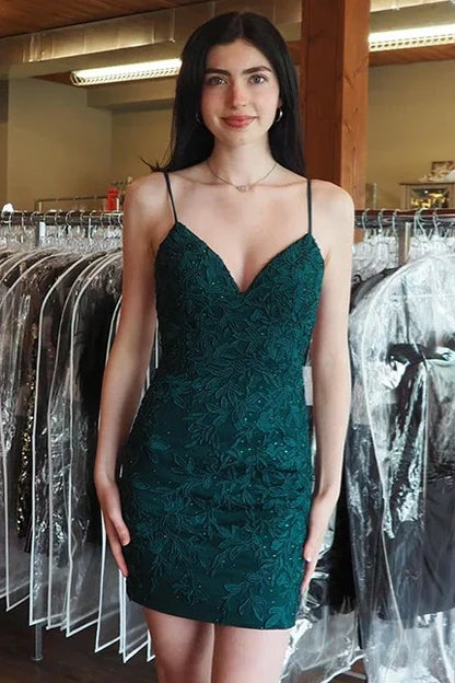 V-Neck Lace-Up Fully Lace Appliques Bodycon Homecoming Dress