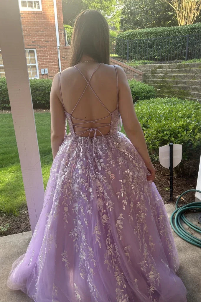 V-Neck Lace Up Tulle A-Line Appliques Party Prom Dress