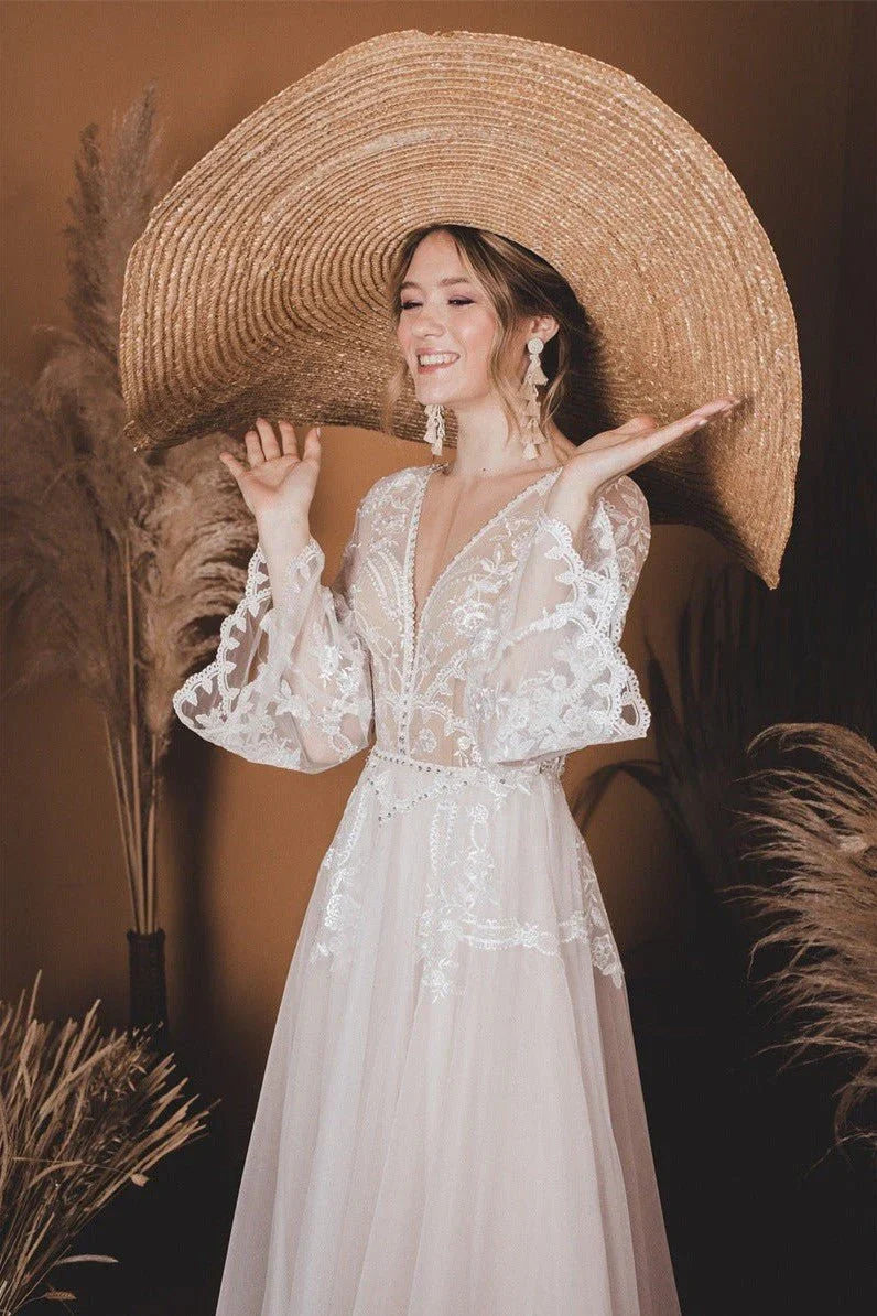 V-Neck Long Sleeves A-Line Two Tone Wedding Dress