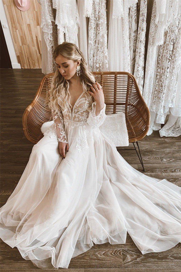 V-Neck Long Sleeves A-Line Two Tone Wedding Dress