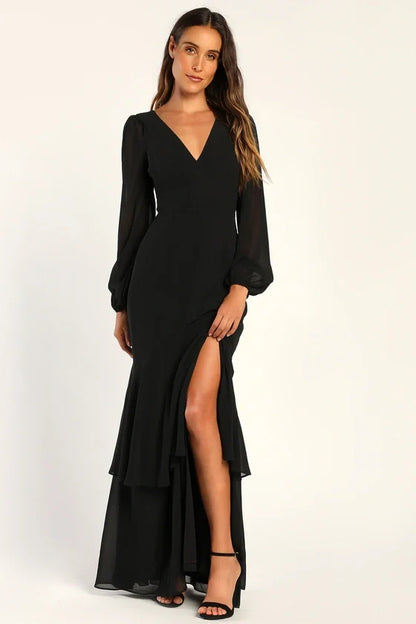 V-Neck Long Sleeves Empire Satin A-Line Bridesmaid Dress
