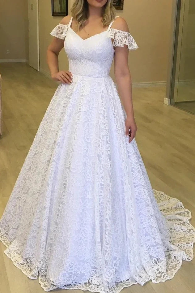 V-Neck Off-Shoulder A-Line Long Lace Wedding Dress