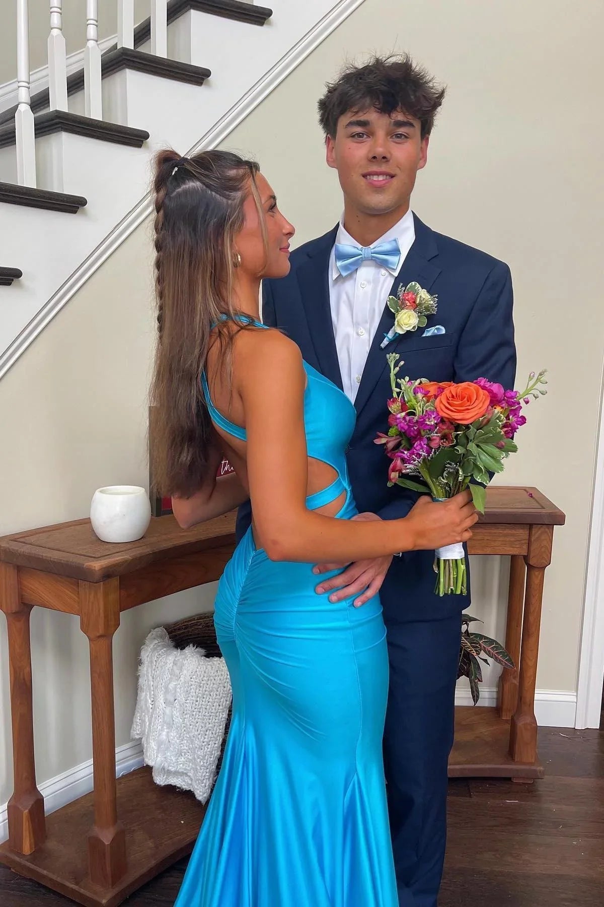 V-Neck Open Back Satin Mermaid Party Prom Dress