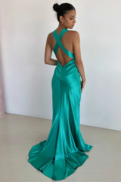 V-Neck Open Back Sleeveless Mermaid Satin Long Party Prom Dress