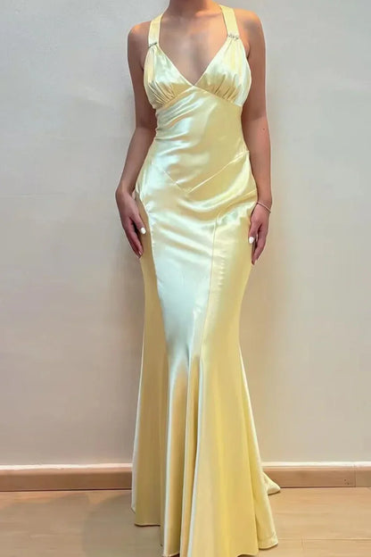 V-Neck Open Back Sleeveless Mermaid Satin Long Party Prom Dress