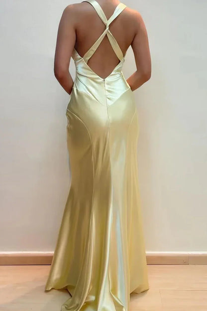 V-Neck Open Back Sleeveless Mermaid Satin Long Party Prom Dress