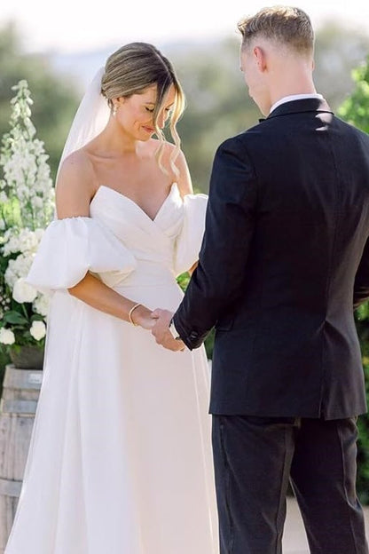 V-Neck Puff Sleeves Satin A-Line Empire Wedding Dress