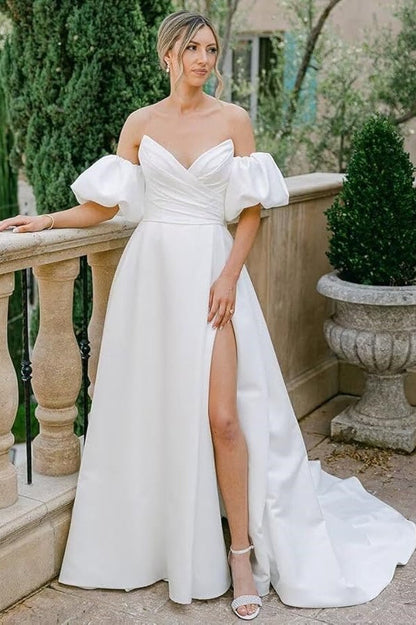 V-Neck Puff Sleeves Satin A-Line Empire Wedding Dress