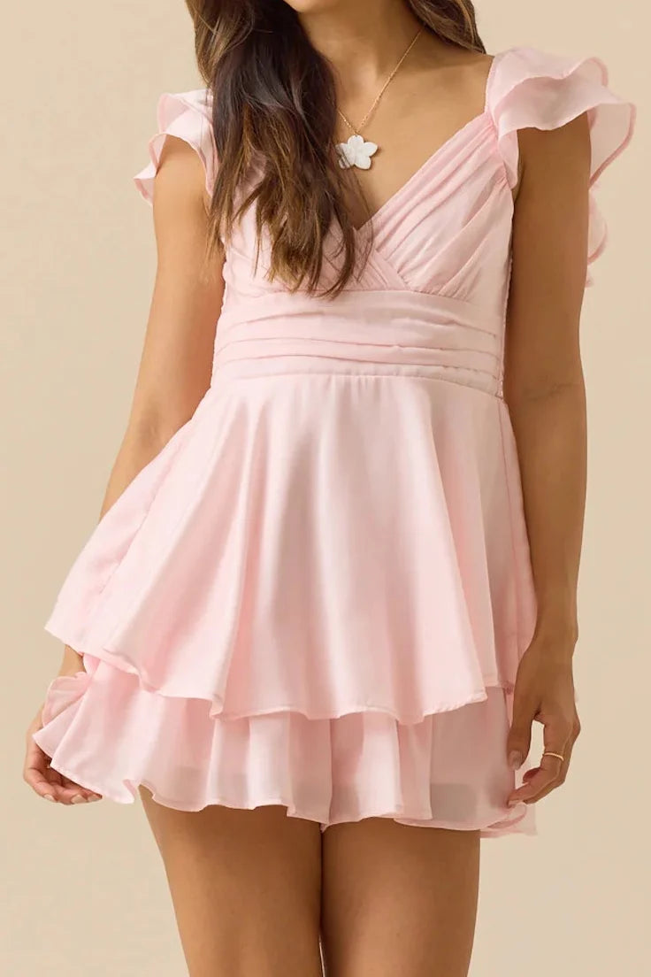 V-Neck Ruffle Straps A-Line Empire Chiffon Tiered Short Graduation Dress