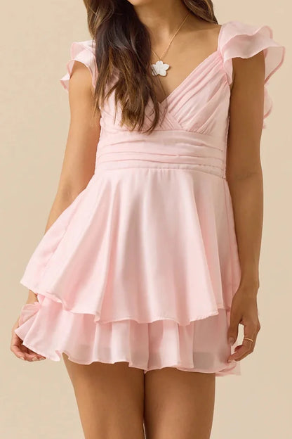 V-Neck Ruffle Straps A-Line Empire Chiffon Tiered Short Graduation Dress