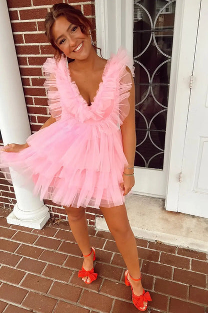 V-Neck Ruffled Straps Tulle A-Line Tiered Party Homecoming Dress