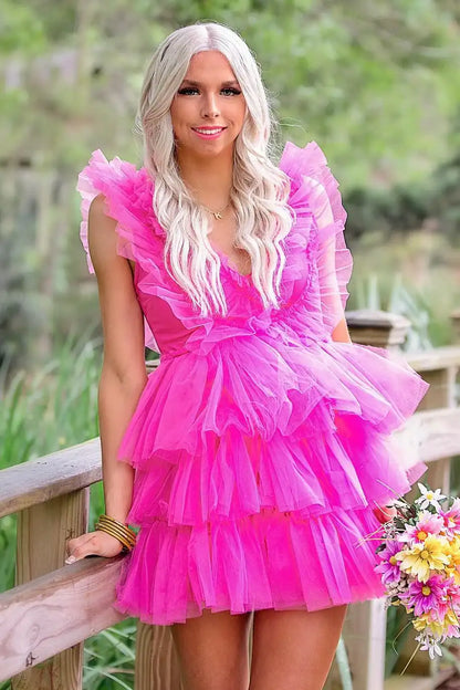 V-Neck Ruffled Straps Tulle A-Line Tiered Party Homecoming Dress