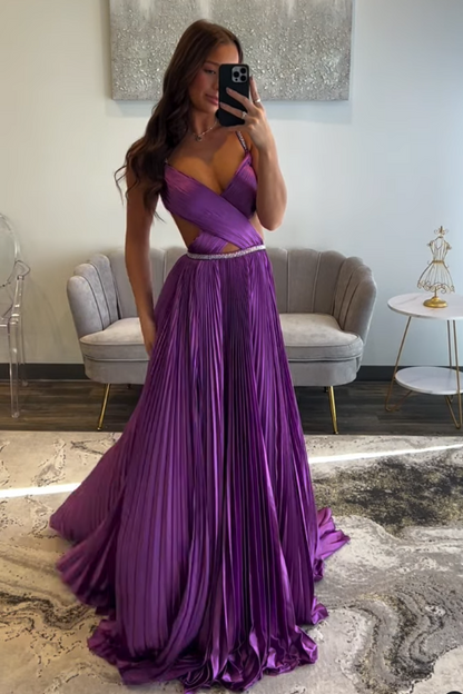V-Neck Satin A-Line Spaghetti Straps Empire Party Prom Dress