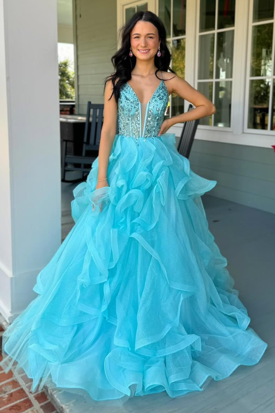 V-Neck Sleeveless Appliques Tulle A-Line Tiered Party Prom Dress