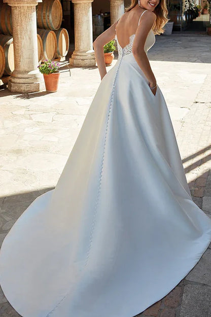 V-Neck Sleeveless Open Back Satin Wedding Dress