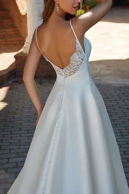 V-Neck Sleeveless Open Back Satin Wedding Dress