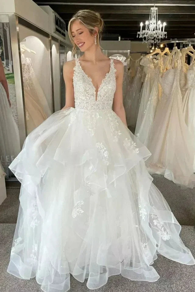 V-Neck Sleeveless Open Back Tulle A-Line Wedding Dress
