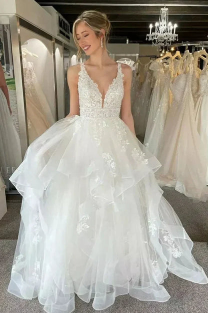 V-Neck Sleeveless Open Back Tulle A-Line Wedding Dress