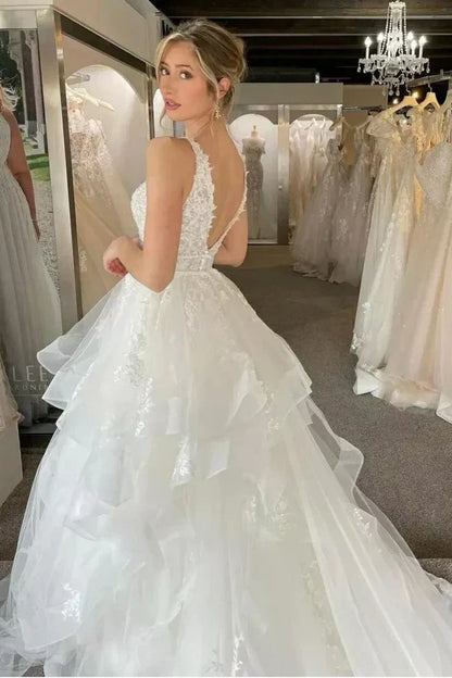 V-Neck Sleeveless Open Back Tulle A-Line Wedding Dress