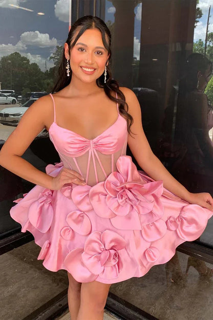 V-Neck Sleeveless Satin A-Line Florals Short Homecoming Dress