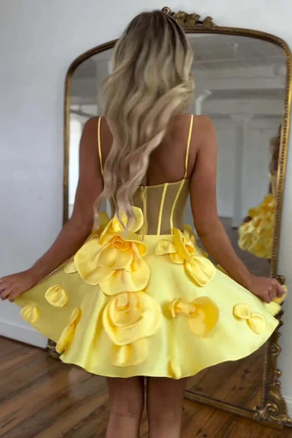V-Neck Sleeveless Satin A-Line Florals Short Homecoming Dress