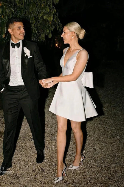 V-Neck Sleeveless Satin A-Line Short Wedding Dress With Bow