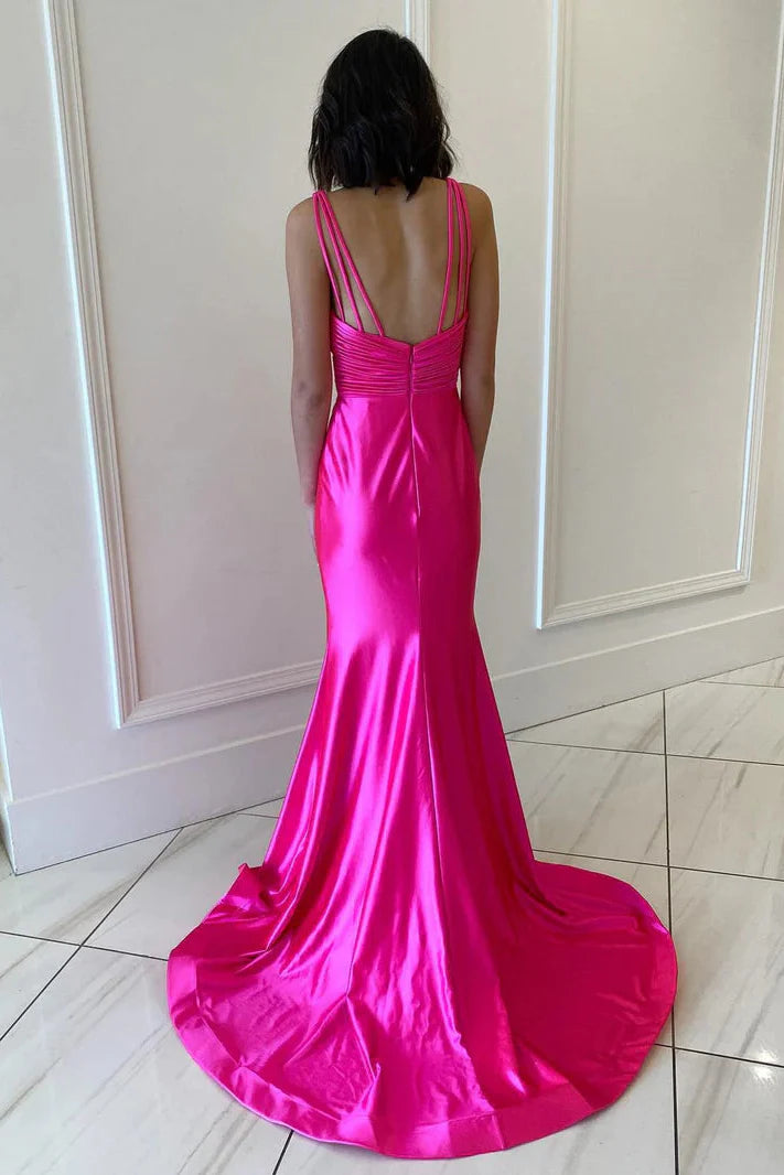V-Neck Sleeveless Satin Fitted Trumpet With Train Prom Dress