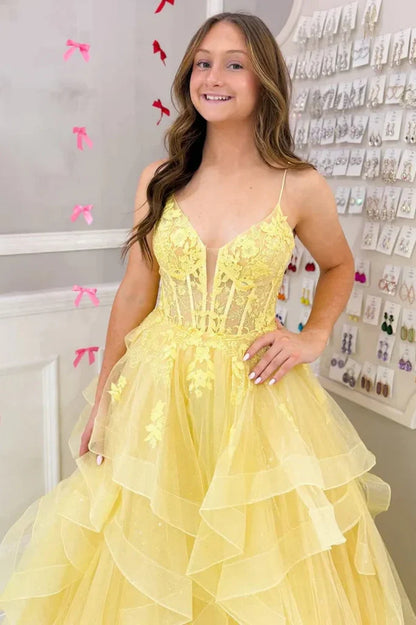 V-Neck Sleeveless Tulle A-Line Tiered Appliques Prom Dress
