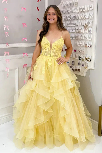 V-Neck Sleeveless Tulle A-Line Tiered Appliques Prom Dress