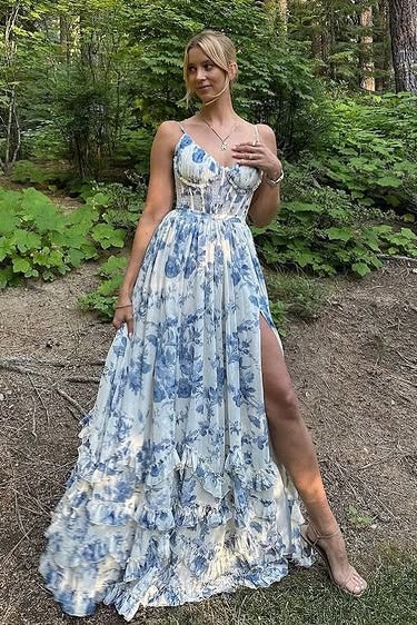 V-Neck Spaghetti Straps A-Line Floral Party Prom Dress With Slit