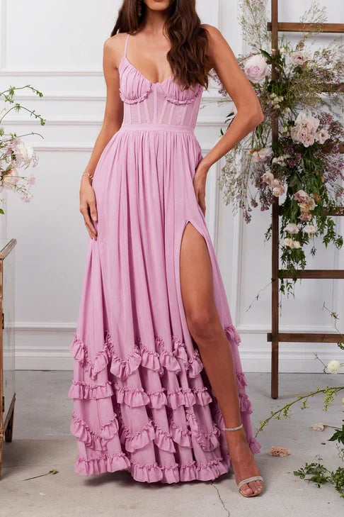 V-Neck Spaghetti Straps A-Line Ruffled Bridesmaid Dress
