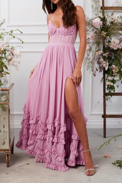 V-Neck Spaghetti Straps A-Line Ruffled Bridesmaid Dress