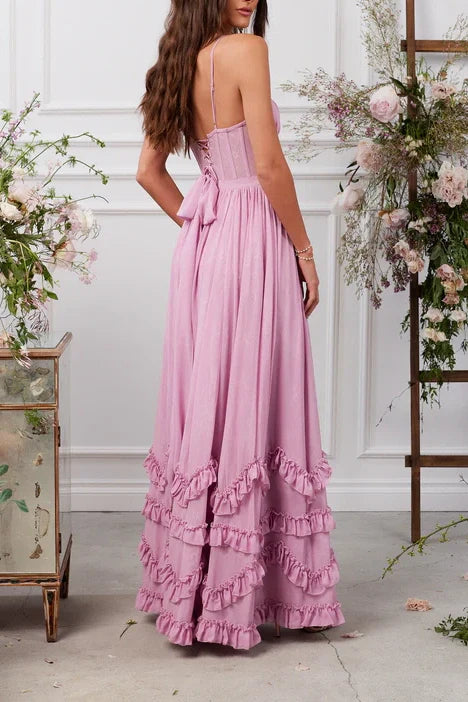 V-Neck Spaghetti Straps A-Line Ruffled Bridesmaid Dress