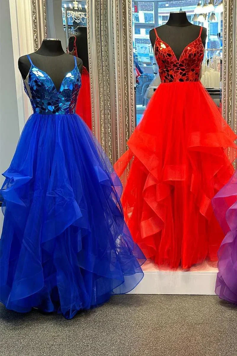 V-Neck Spaghetti Straps A-Line Two Tone Formal Prom Dress