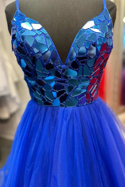 V-Neck Spaghetti Straps A-Line Two Tone Formal Prom Dress