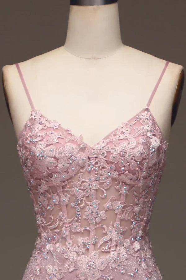 V-Neck Spaghetti Straps Appliques Trumpet Long Prom Dress