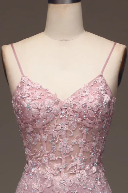 V-Neck Spaghetti Straps Appliques Trumpet Long Prom Dress