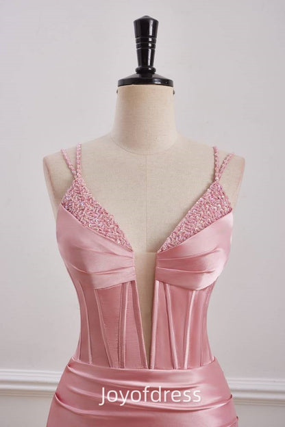 V-Neck Spaghetti Straps Beaded Empire Satin Homecoming Dress
