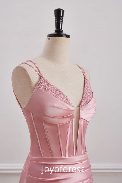 V-Neck Spaghetti Straps Beaded Empire Satin Homecoming Dress