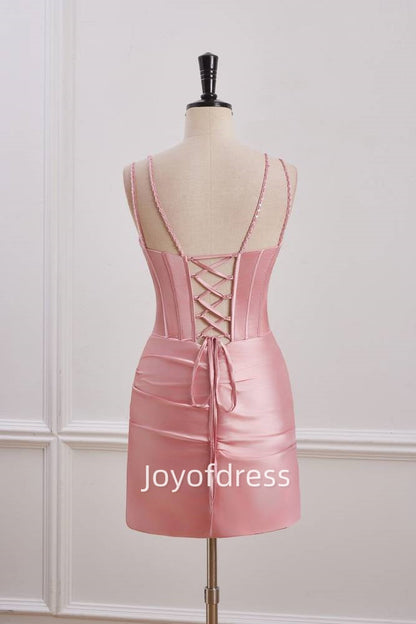 V-Neck Spaghetti Straps Beaded Empire Satin Homecoming Dress