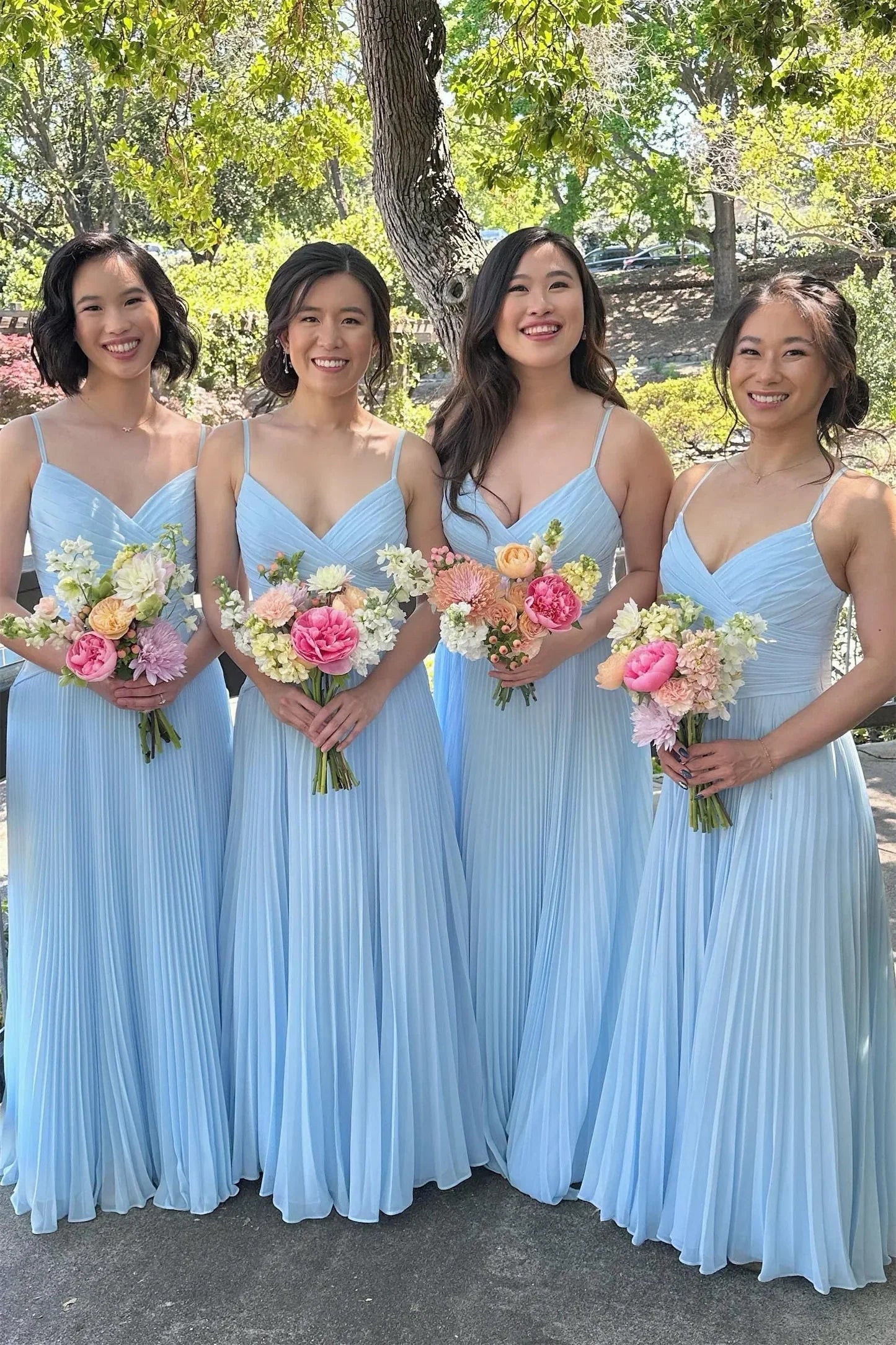 V-Neck Spaghetti Straps Chiffon A-Line Pleated Bridesmaid Dress