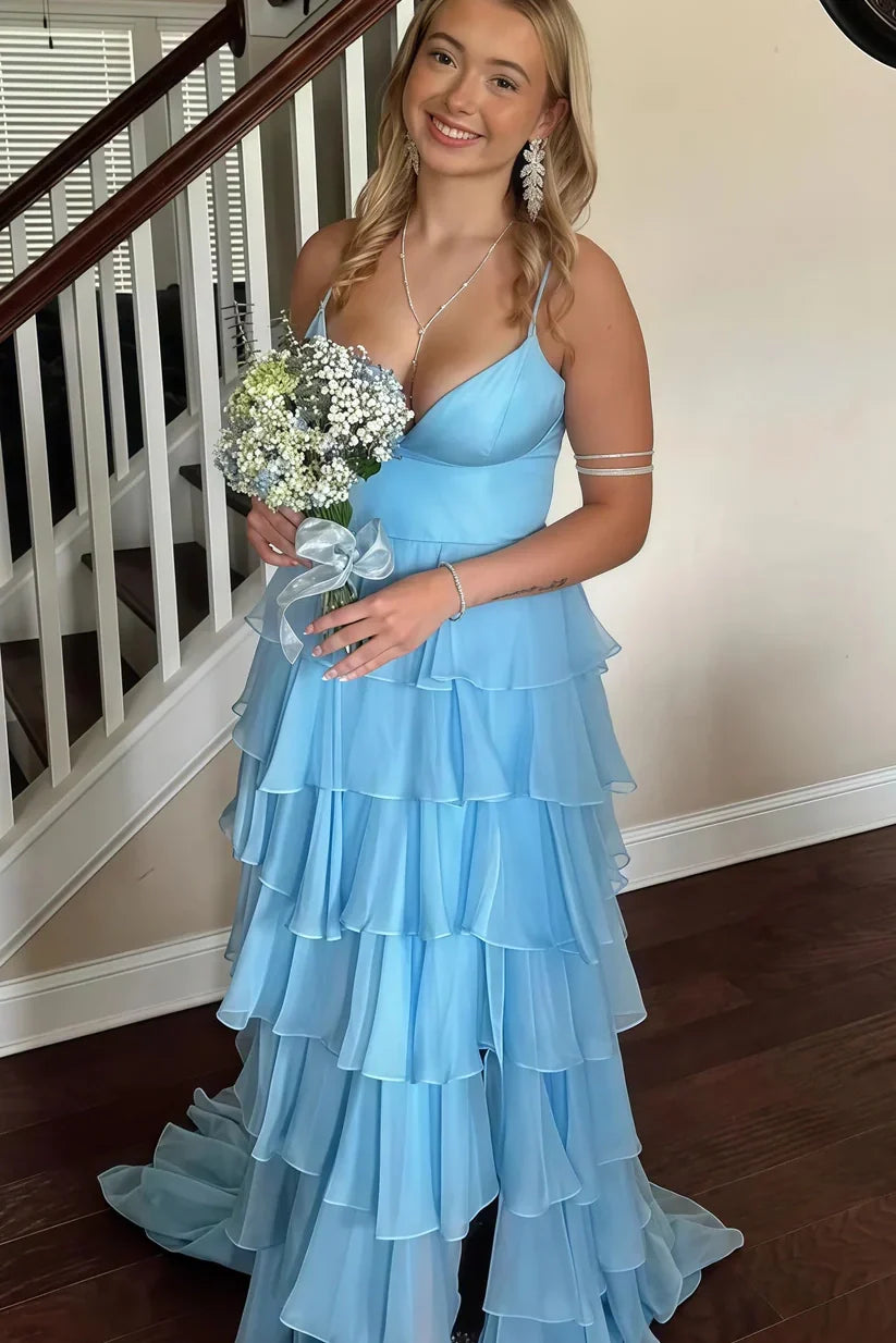 V-Neck Spaghetti Straps Chiffon A-Line Tiered Party Prom Dress