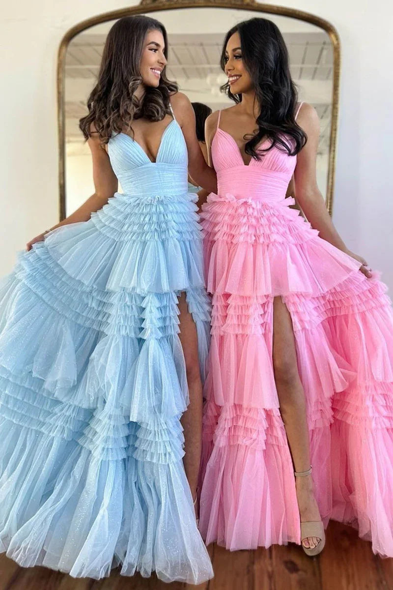 V-Neck Spaghetti Straps Empire With Side Slit Tulle A-Line Prom Dress