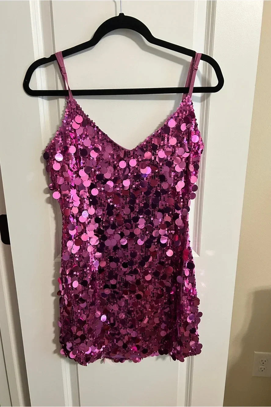 V-Neck Spaghetti Straps Fully Sequin Mini Homecoming Dress