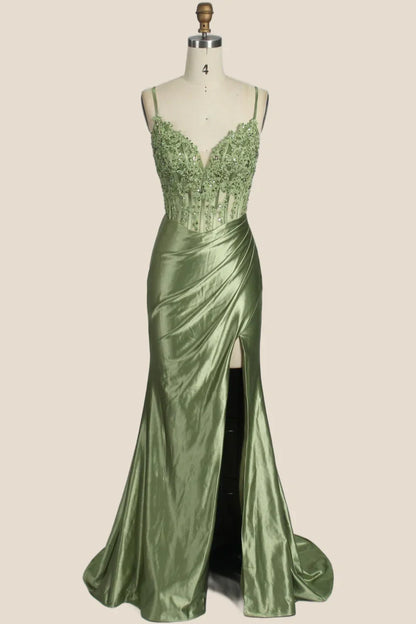 V-Neck Spaghetti Straps Lace Appliques Mermaid Prom Dress